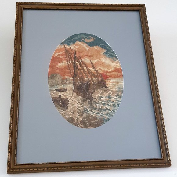VTG Antique Sail Boats Needlepoint 2 Pictures Framed 14.25" X 11.25" Nautical - Picture 4 of 10